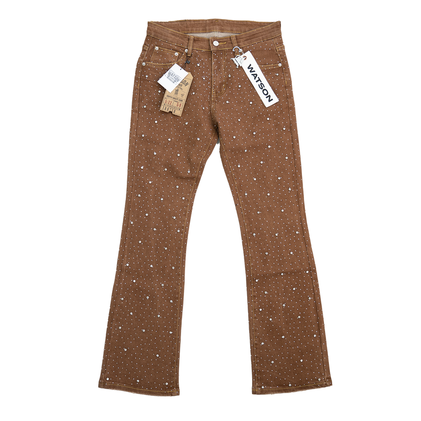 BROWN ALL OVER EMBELLISHED RHINESTONE CRYSTAL WATSON DENIM