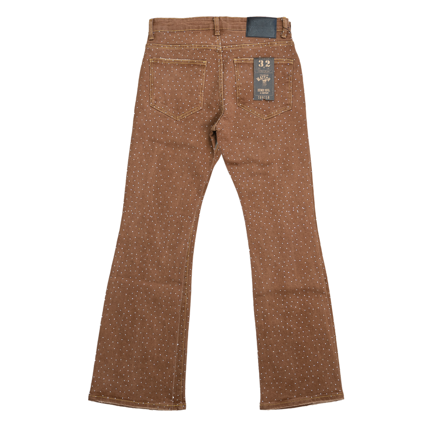 BROWN ALL OVER EMBELLISHED RHINESTONE CRYSTAL WATSON DENIM