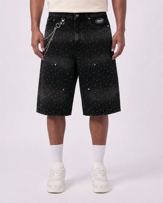MULTI RHINESTONE BLACK DENIM CARPENTER SHORTS
