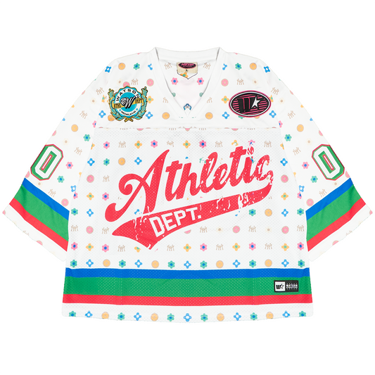 ATHLETIC DEPARTMENT PATTERN CROPPED FOOTBALL JERSEY (WHITE)