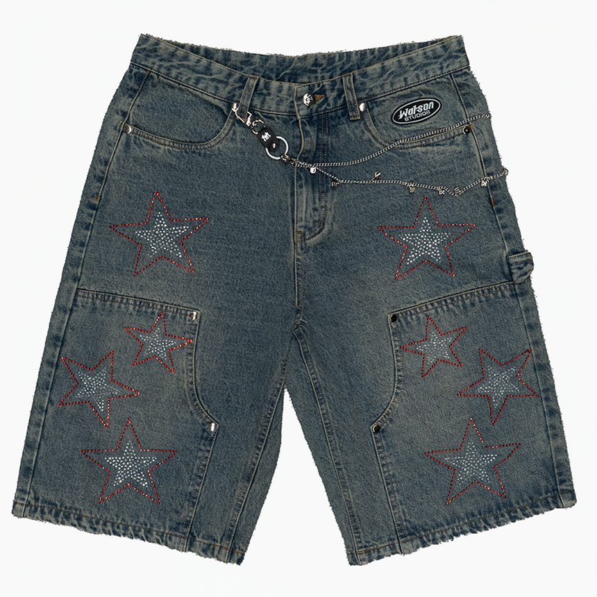 WATSON STAR RHINESTONE DENIM CARPENTER SHORTS