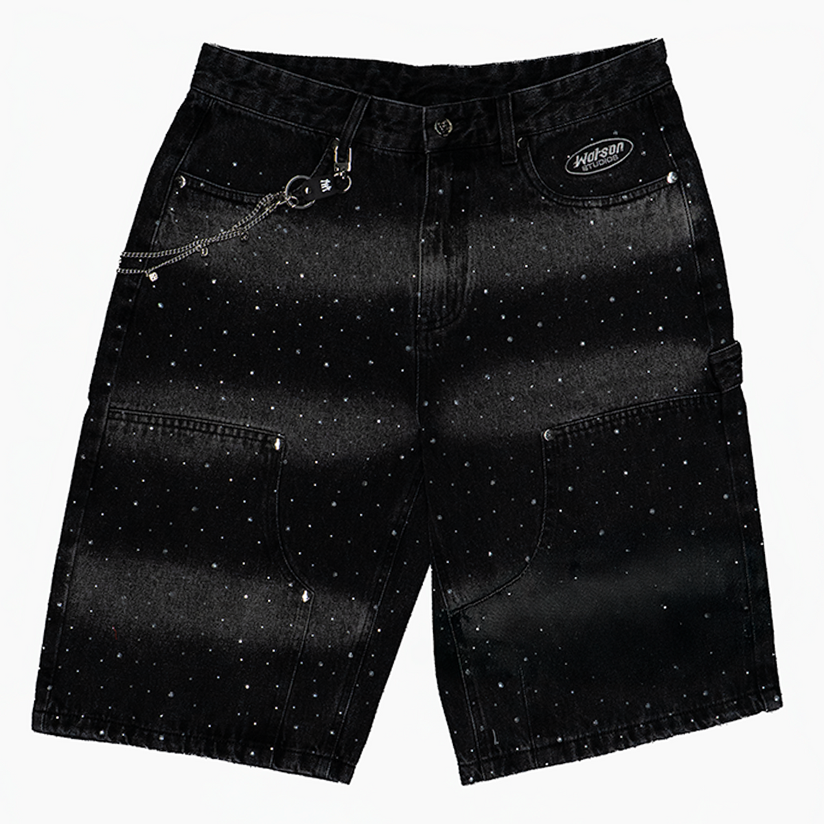 Multi Rhinestone Black Denim Carpenter Shorts – All Star Elite