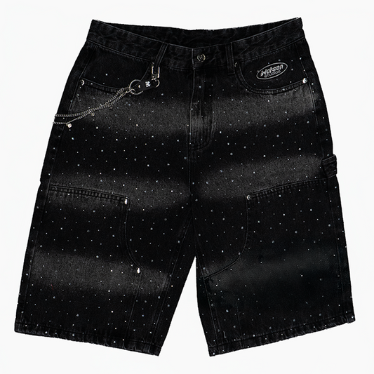 MULTI RHINESTONE BLACK DENIM CARPENTER SHORTS