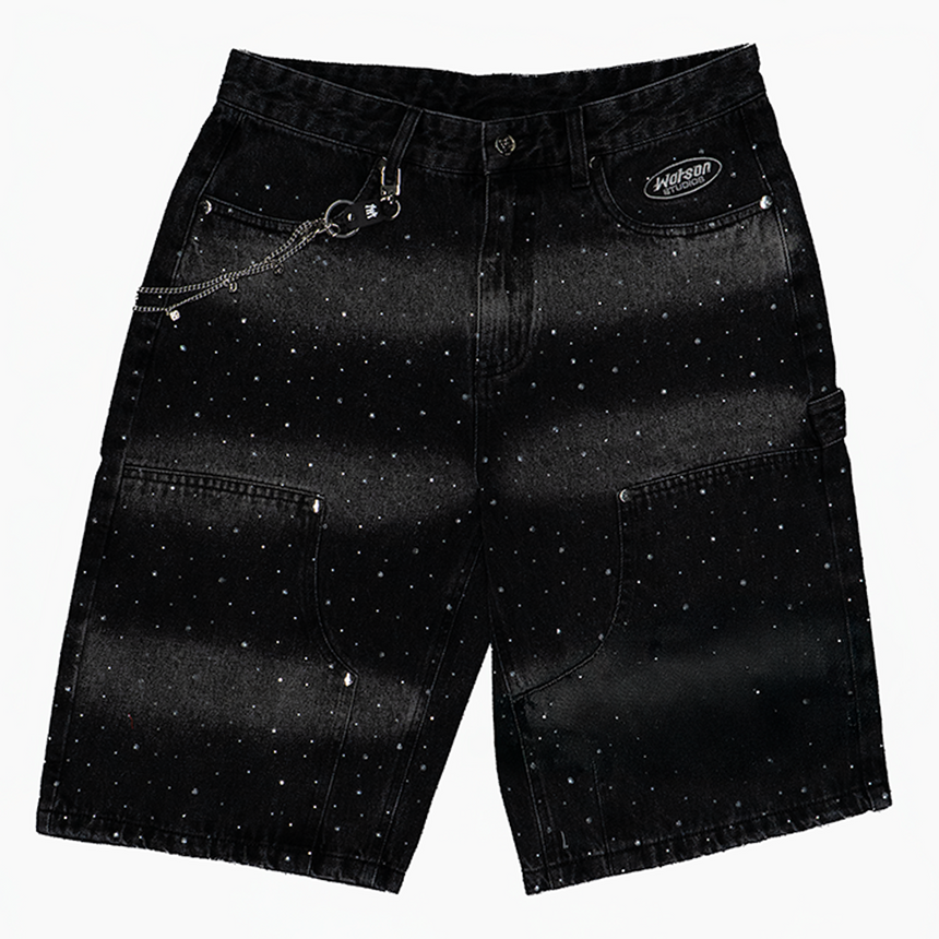 WATSON MULTI RHINESTONE BLACK DENIM CARPENTER SHORTS