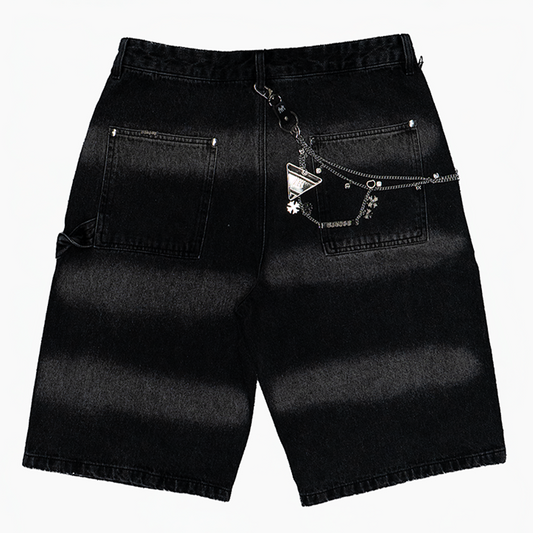 MULTI RHINESTONE BLACK DENIM CARPENTER SHORTS