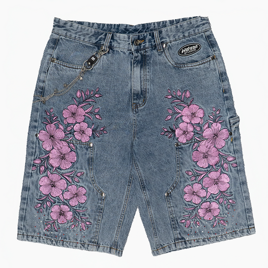 FLORAL LIGHT WASH DENIM CARPENTER SHORTS