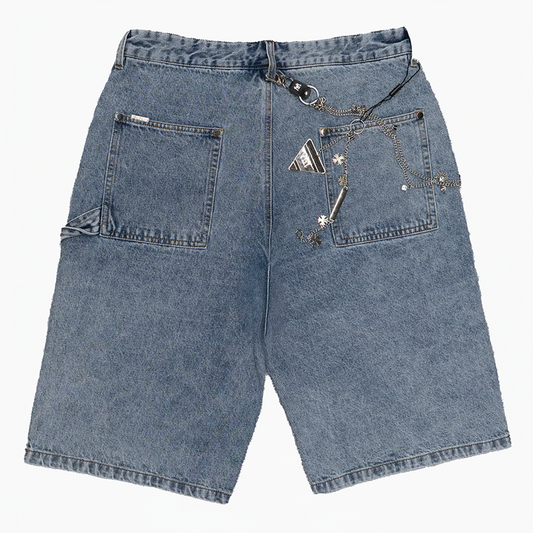 FLORAL LIGHT WASH DENIM CARPENTER SHORTS