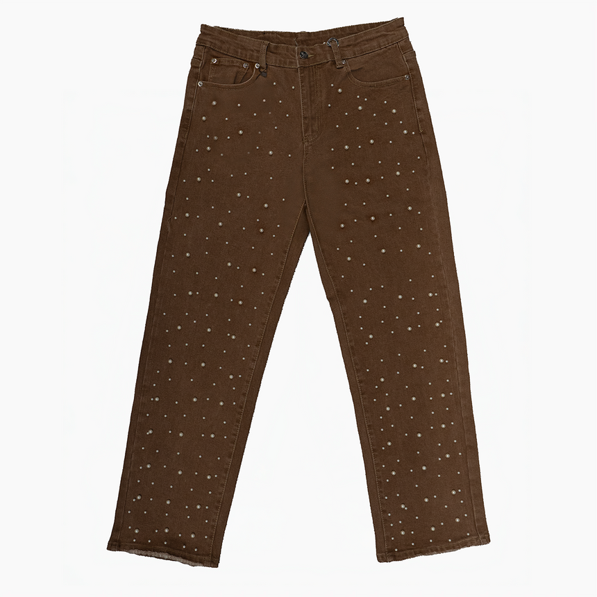 WATSON DENIM PANTS WITH WHITE PEARLS (BROWN)