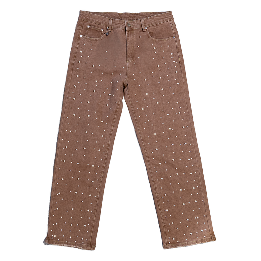 WATSON DENIM PANTS WITH WHITE PEARLS (BROWN)