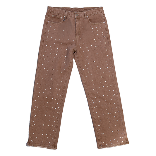WATSON DENIM PANTS WITH WHITE PEARLS (BROWN)