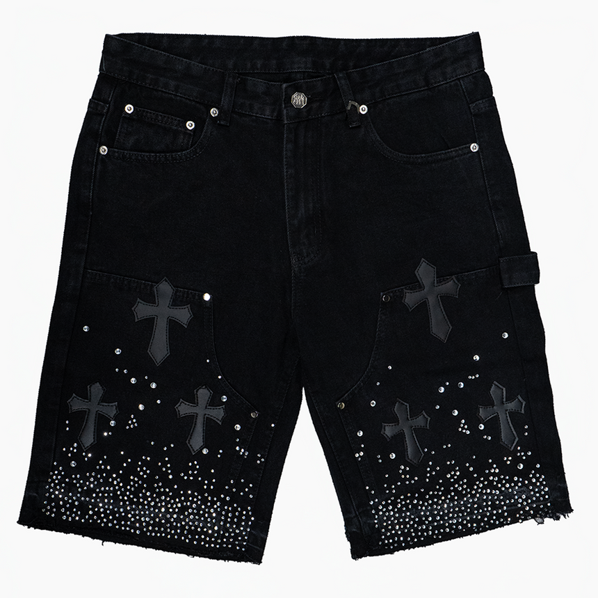 WATSON LEATHER APPLIQUE CROSS PATCH SHORTS (BLACK)