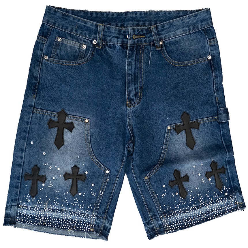 WATSON LEATHER APPLIQUE CROSS PATCH SHORTS (BLUE)