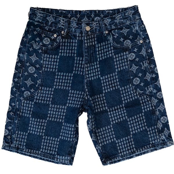 WATSON MONOGRAM MULTI PATTERN LIGHT WASH SHORTS (BLUE