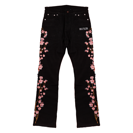 RED CHERRY BLOSSOM DENIM PANTS (BLACK)