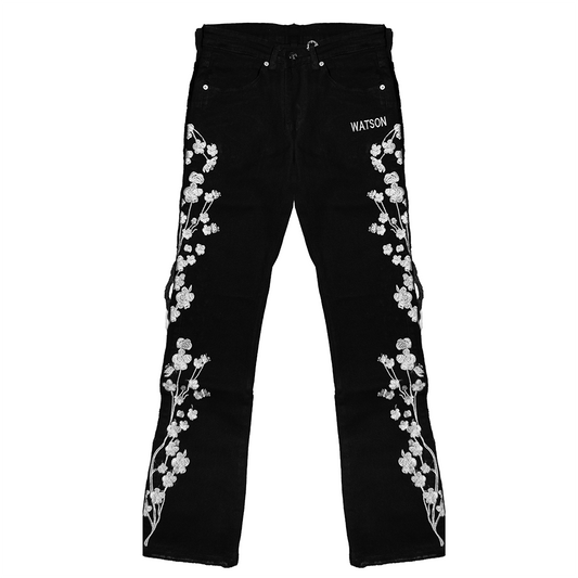WHITE CHERRY BLOSSOM DENIM PANTS (BLACK)
