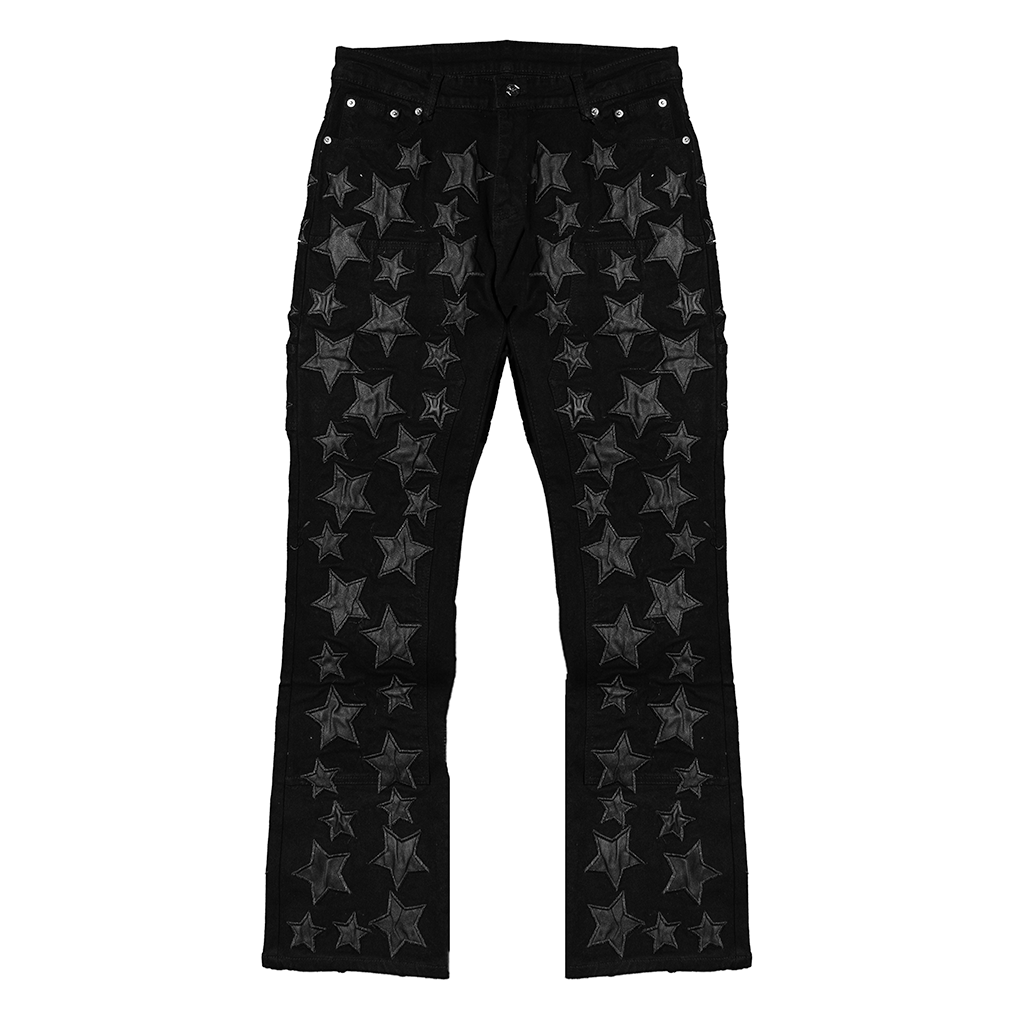 LEATHER STAR APPLIQUE STACKED DENIM PANTS (BLACK)