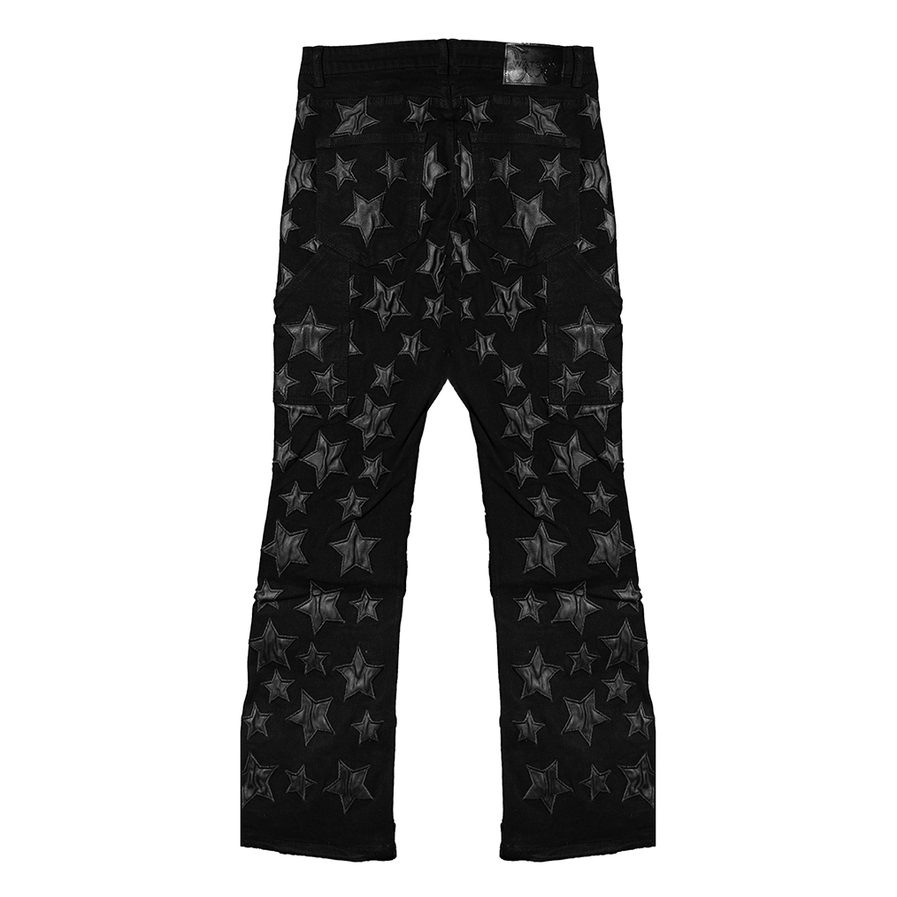 LEATHER STAR APPLIQUE STACKED DENIM PANTS (BLACK)