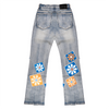 CHENILLE FLOWER STACKED DENIM PANTS (MEDIUM WASH)