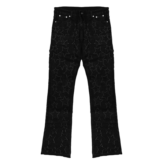 EMBROIDERED STARS STCKED DENIM PANTS (BLACK)