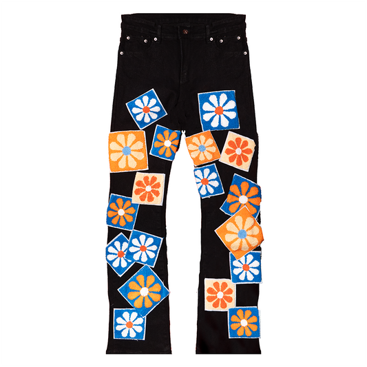 CHENILLE FLOWER STACKED DENIM PANTS (BLACK WASH)