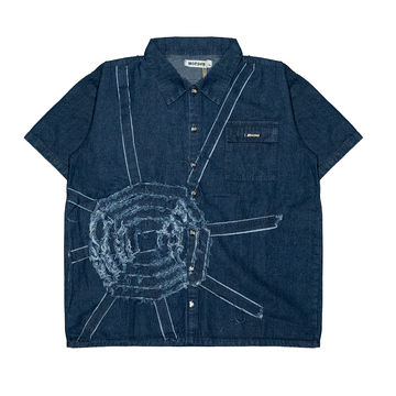 DENIM SPIDERWEB S/S BUTTON UP SHIRT (BLUE)
