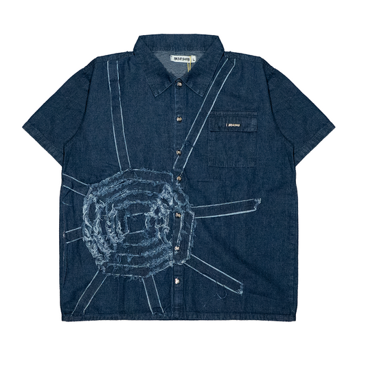DENIM SPIDERWEB S/S BUTTON UP SHIRT (BLUE)
