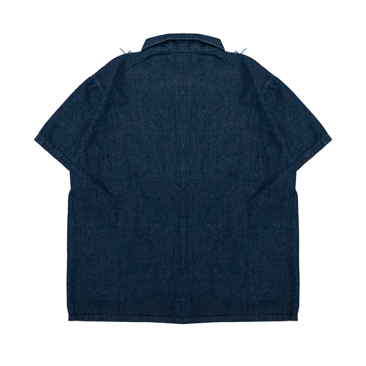 DENIM SPIDERWEB S/S BUTTON UP SHIRT (BLUE)