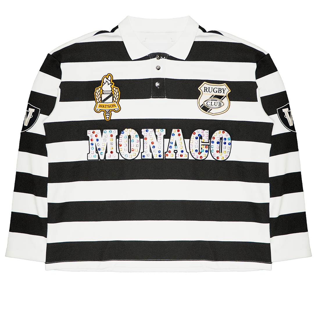 MONACO RHINESTONE STRIPED LONG SLEEVE RUGBY POLO (BLACK/WHITE
