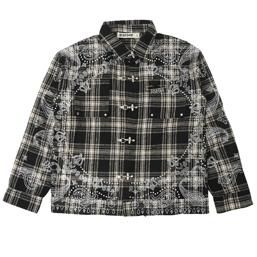 Watson Paisley Rhinestone Black Flannel Shirt, black and white plaid long-sleeve flannel