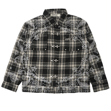 Watson Paisley Rhinestone Black Flannel Shirt, black and white plaid long-sleeve flannel