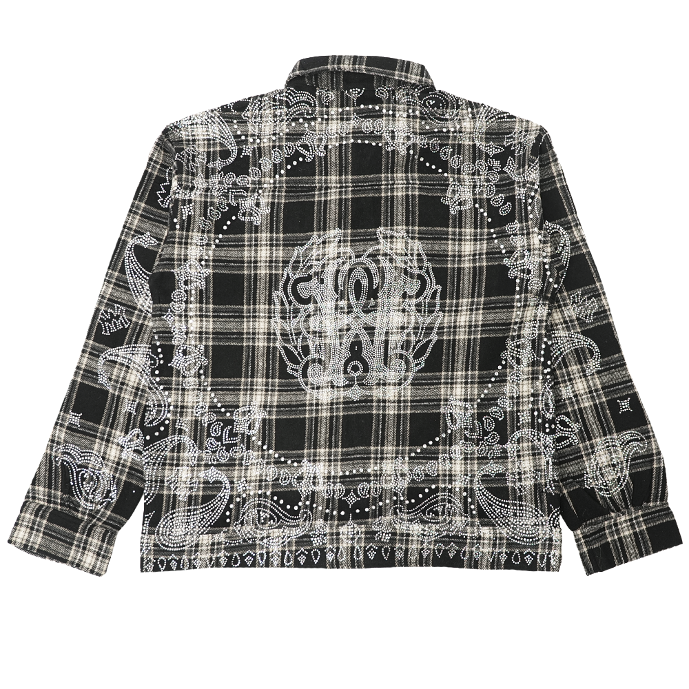 Watson Paisley Rhinestone Black Flannel Shirt, black and white plaid long-sleeve flannel – alternate view 2
