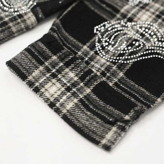 Watson Paisley Rhinestone Black Flannel Shirt, black and white plaid long-sleeve flannel – alternate view 5
