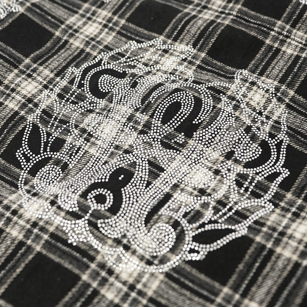 Watson Paisley Rhinestone Black Flannel Shirt, black and white plaid long-sleeve flannel – alternate view 8