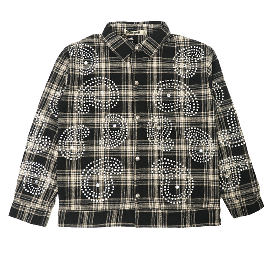 Watson Big Paisley Crystal Black Flannel Shirt, black and white plaid long-sleeve flannel