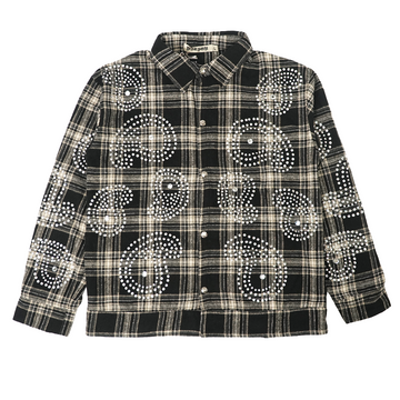 Watson Big Paisley Crystal Black Flannel Shirt, black and white plaid long-sleeve flannel