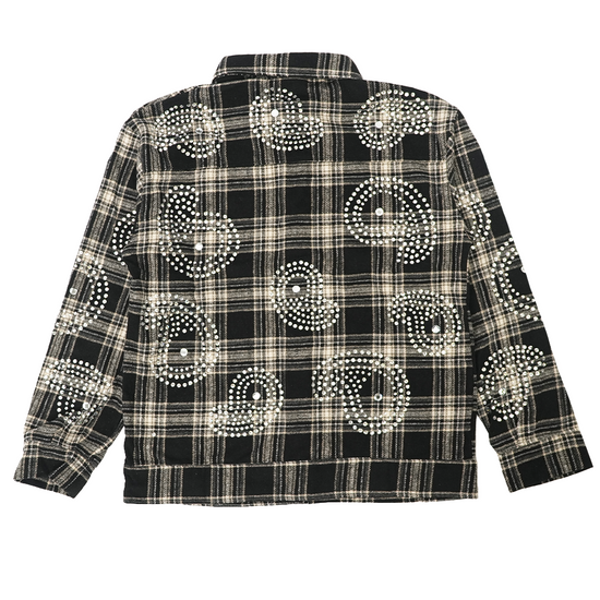 Watson Big Paisley Crystal Black Flannel Shirt, black and white plaid long-sleeve flannel – alternate view 2