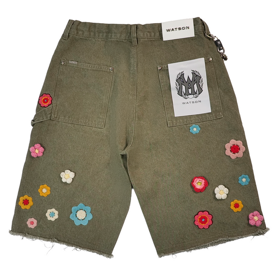 WATSON CROCHET FLOWER JADE DENIM SHORTS