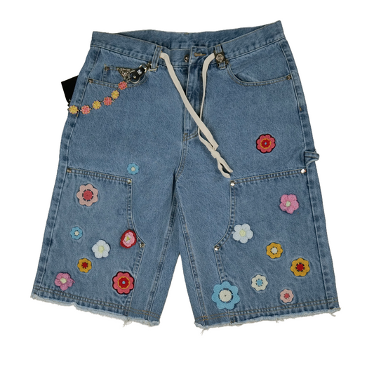 WATSON CROCHET FLOWER LIGHT WASH DENIM SHORTS