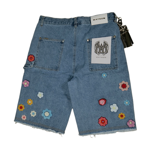 WATSON CROCHET FLOWER LIGHT WASH DENIM SHORTS