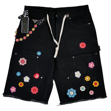 WATSON CROCHET FLOWER BLACK WASH DENIM SHORTS