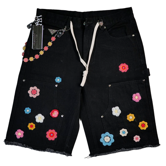 WATSON CROCHET FLOWER BLACK WASH DENIM SHORTS