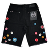 WATSON CROCHET FLOWER BLACK WASH DENIM SHORTS