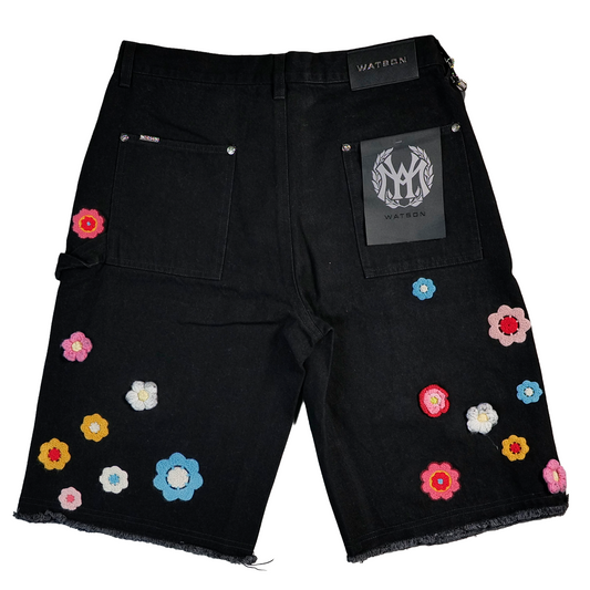 WATSON CROCHET FLOWER BLACK WASH DENIM SHORTS