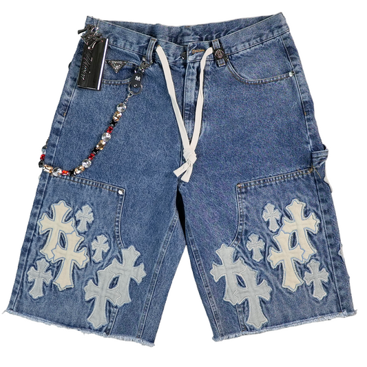 WATSON CROSS APPLIQUE LIGHT BLUE DENIM SHORTS
