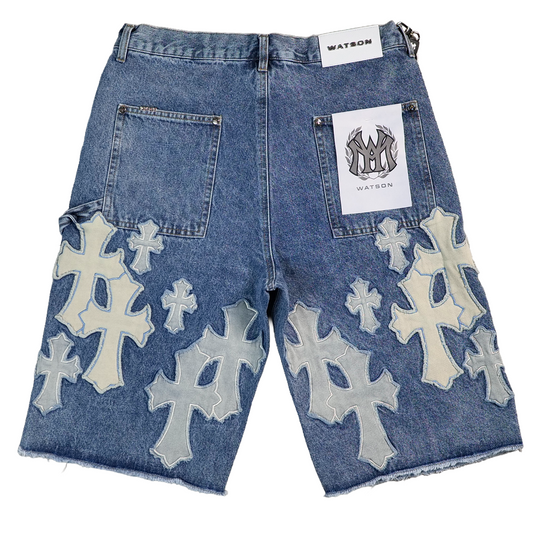 WATSON CROSS APPLIQUE LIGHT BLUE DENIM SHORTS