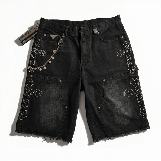 WATSON CROSS EMBELLISHED BLACK DENIM SHORTS