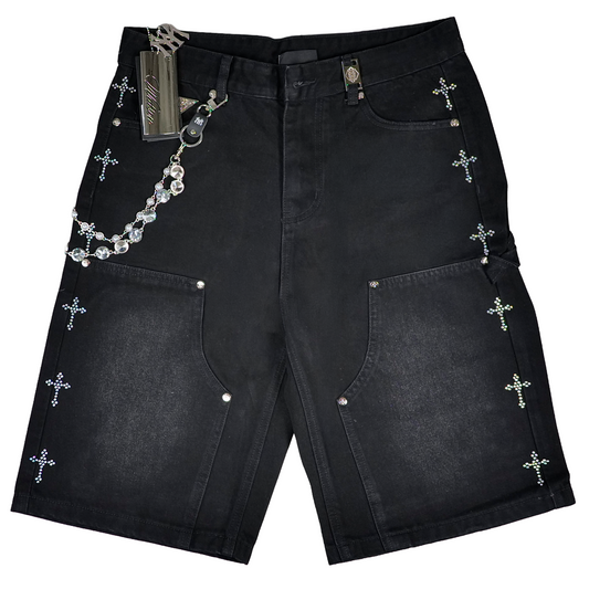 WATSON DIAMOND CROSS PIN BLACK DENIM SHORTS