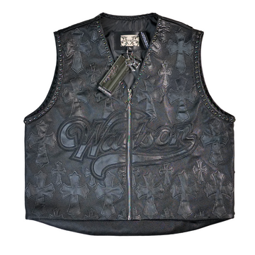 WATSON CROSS LEATHER APPLIQUE BLACK MOTO VEST