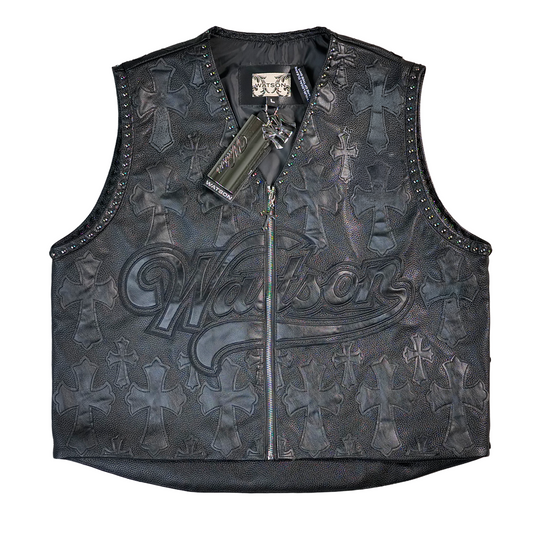 WATSON CROSS LEATHER APPLIQUE BLACK MOTO VEST