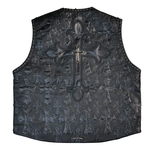 WATSON CROSS LEATHER APPLIQUE BLACK MOTO VEST
